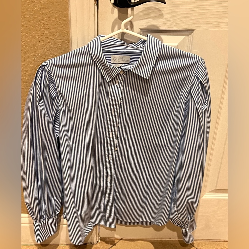 J. Crew Men's Blue & White Vertical Stripe Dress Shirt with Puffed Sleeves